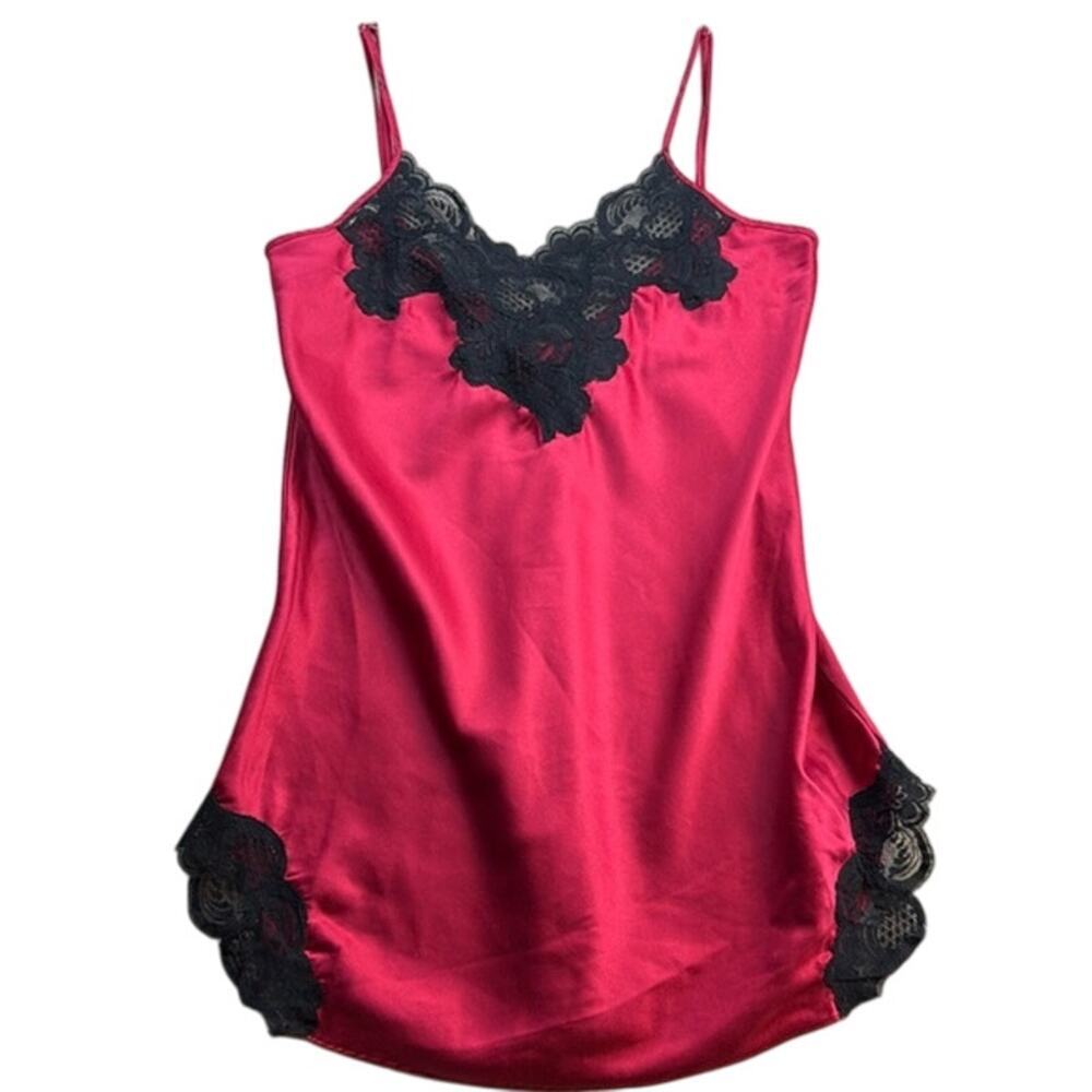 Victoria Secret Gold Label Red Satin Black Lace Valentines Day Camisole Size S